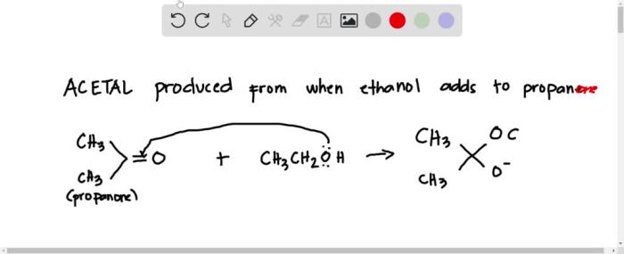 Draw the acetal produced when ethanol adds to propanone.